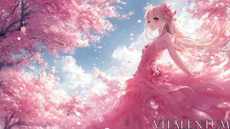 Anime girl in pink dress among dense cherry blossoms.