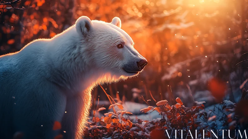 Polar bear in fiery winter sunset with glowing bokeh light.