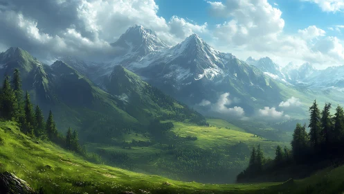 Snow-capped mountain range rises over sunlit green valley