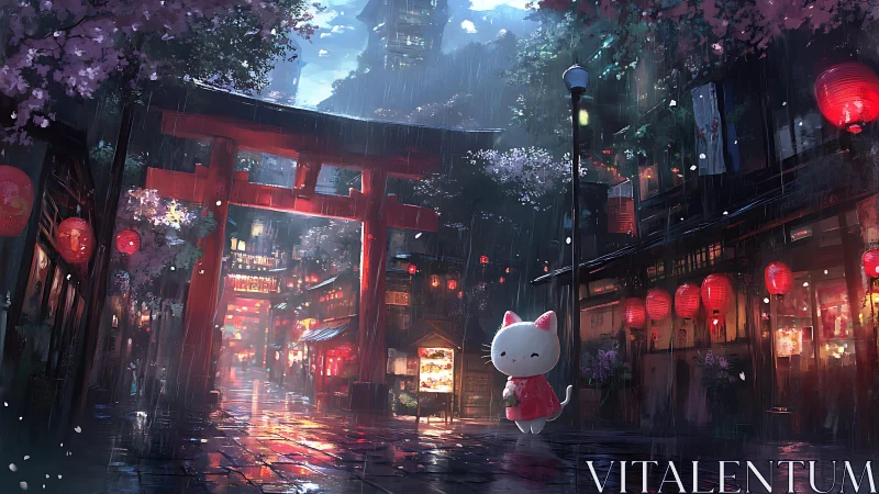 Moonlit neko stroll through rainy lantern-lit shrine street.
