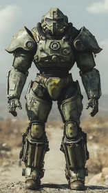 Dust-scarred wasteland titan in battered steel carapace.