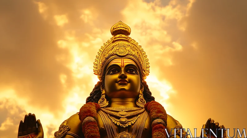 Golden deity statue glowing softly against sunset sky.