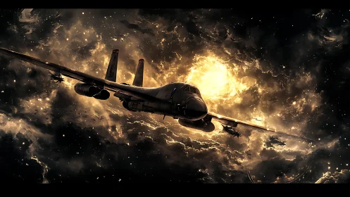 Storm-lit bomber squadron cutting through a burning sky.