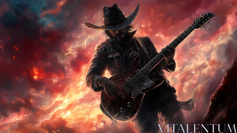Cowboy guitarist in incendiary atmospheric digital tableau.