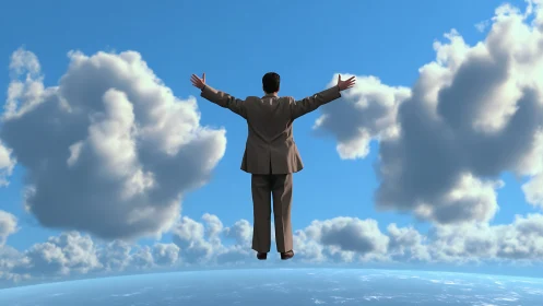 Businessman floating over earth with arms wide open.