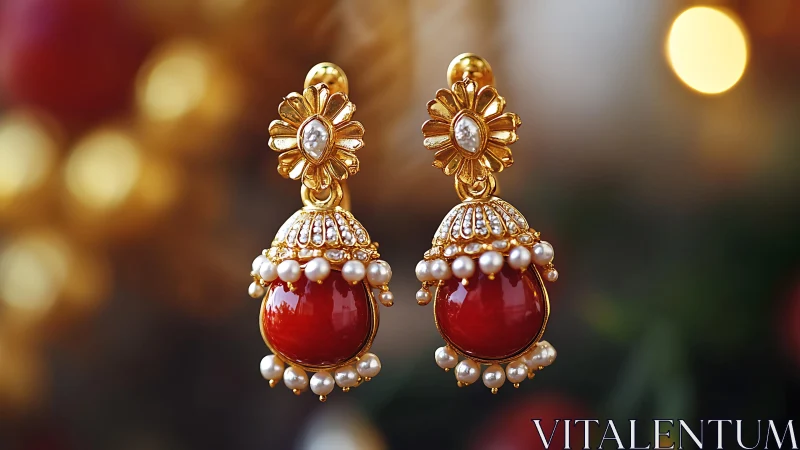 Ornate gold jhumka earrings with red cabochons and pearls