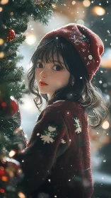 Snowlit girl pauses by Christmas tree in soft winter hush.