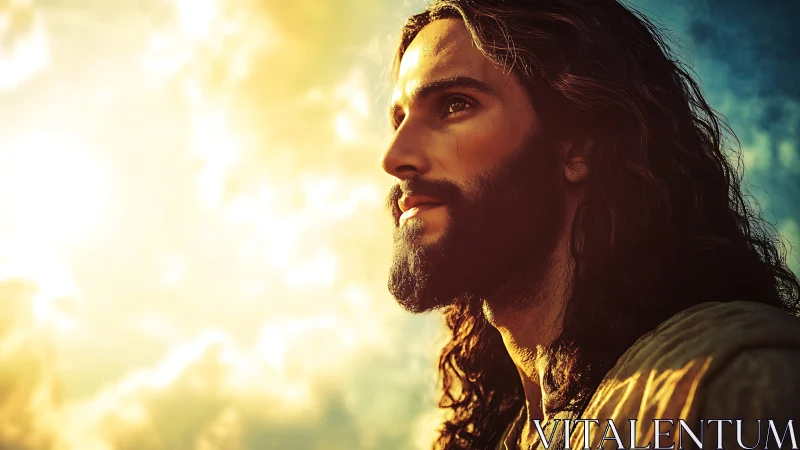 Bearded man in robes looks toward bright glowing sky.