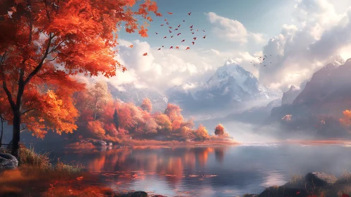 Golden autumn lake reflects misty mountains at sunrise