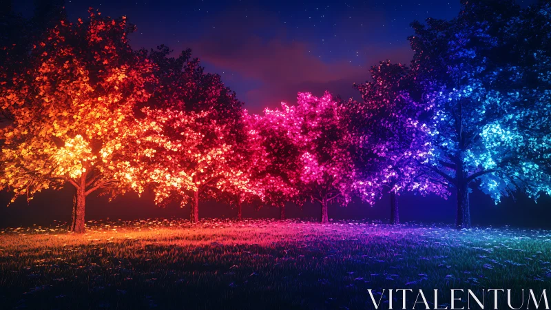Row of glowing rainbow trees in a night meadow scene.