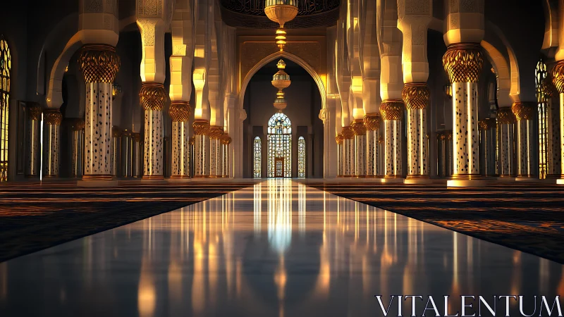 Golden light floods ornate mosque interior at sunset.