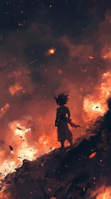 Lone anime warrior surveys blazing battlefield sky in silence.