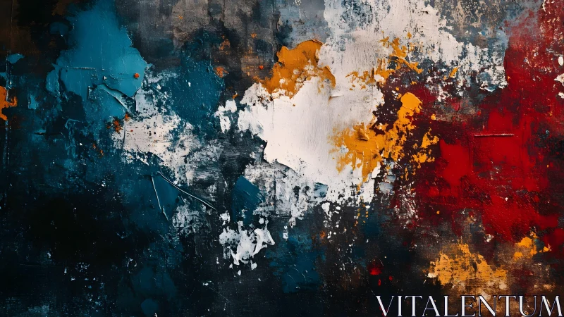 Abstract Expressionist Painting with Bold Blue, Red, and Gold Accents.