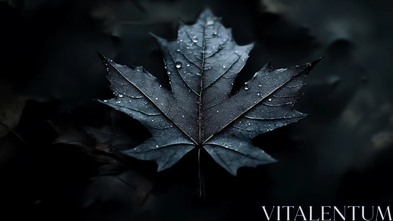 Moody maple leaf macro with dewdrops and low key lighting.