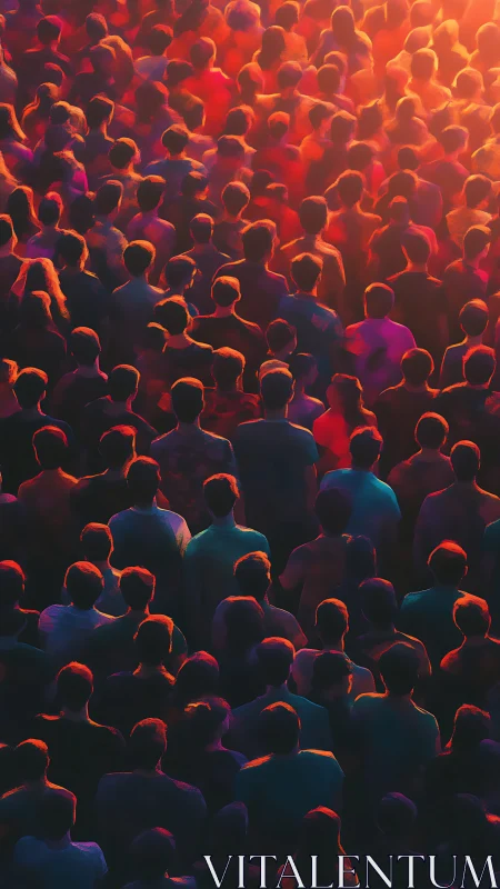 Crowd gathers under vivid sunset light in dense formation