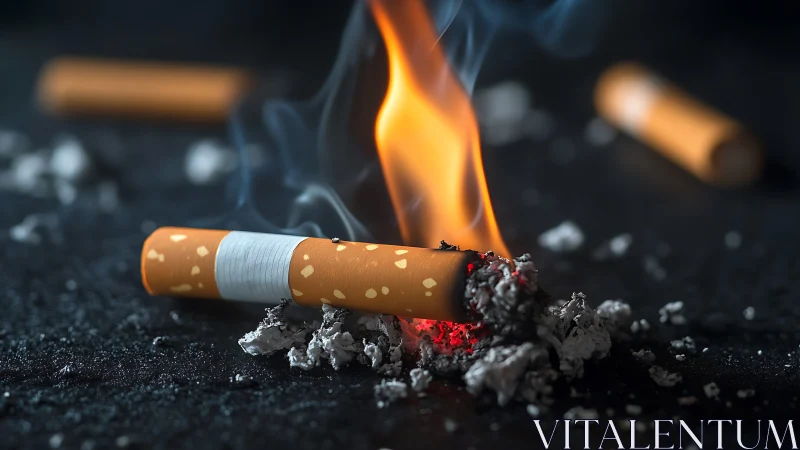 Burning cigarette butt lies in ashes with bright orange flame