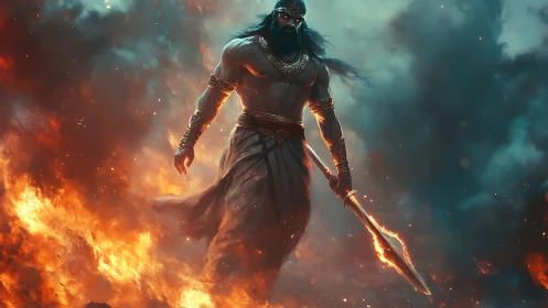 Mythic fire god warrior in cinematic digital painting composition.