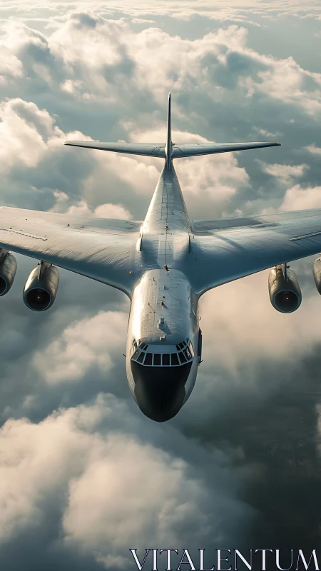 Large four engine jet aircraft in level flight above clouds.