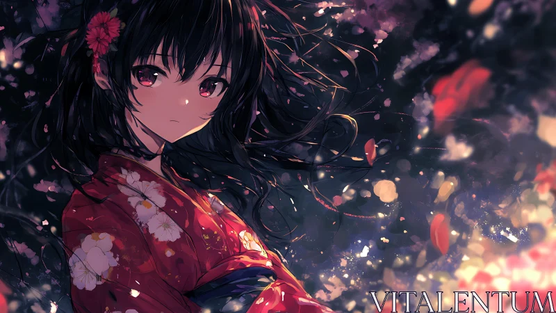 Kimono girl under night blossoms in glowing anime dusk.