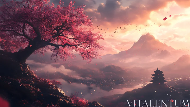 Cherry blossom cliff overlooks misty valley and distant pagoda