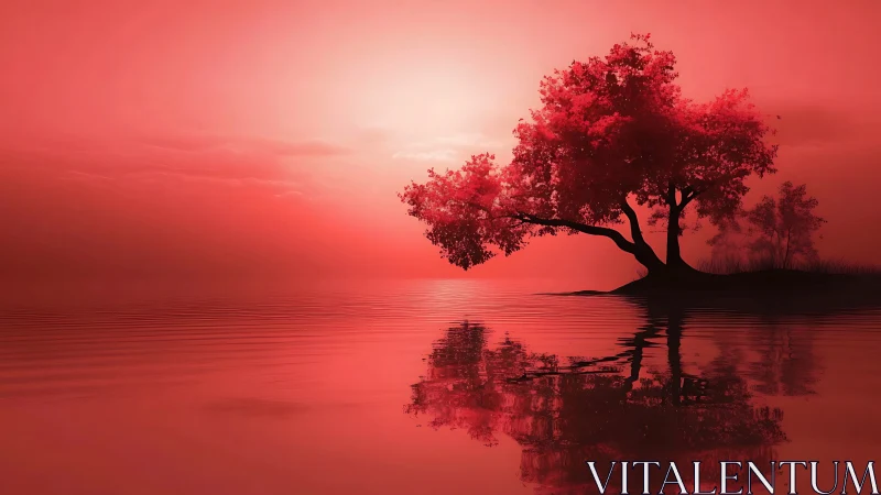 Scarlet lakeside tree silhouette under glowing sunset sky.