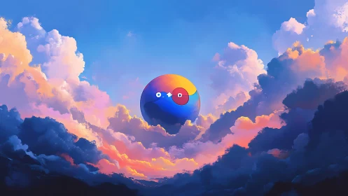 Dreamy yin yang orb drifting above cotton candy clouds.