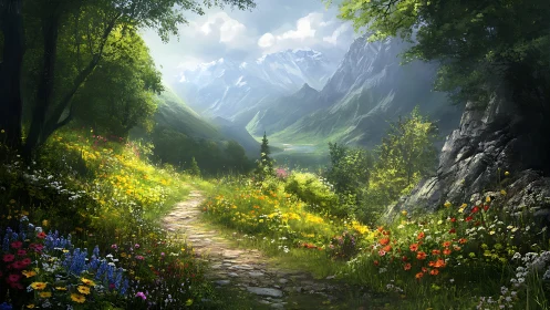 Sunlit wildflower trail winding toward dreaming mountain peaks.