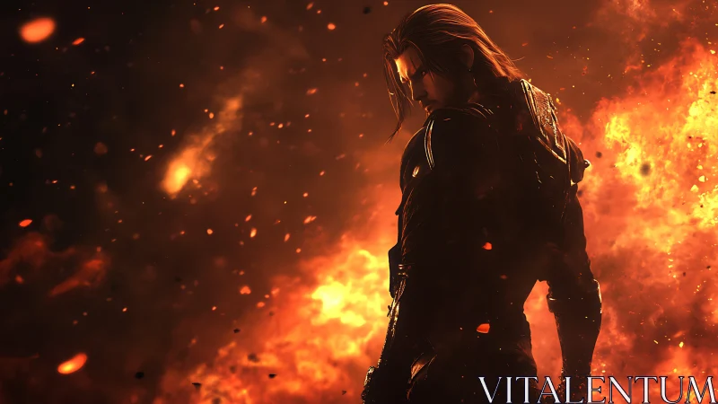 Brooding warrior stands strong amid swirling golden flames.