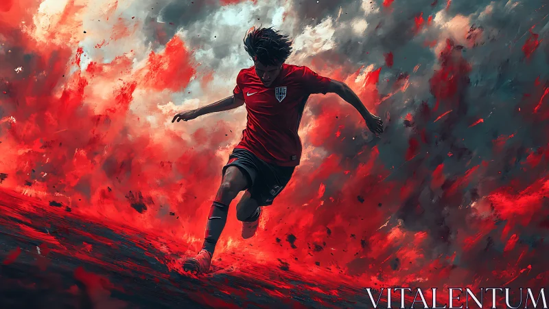 Dynamic football runner explodes through abstract red motion field