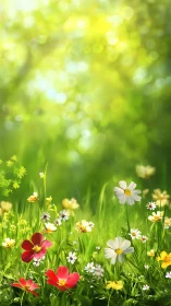 Spring meadow with blooming wildflowers and soft bokeh background.