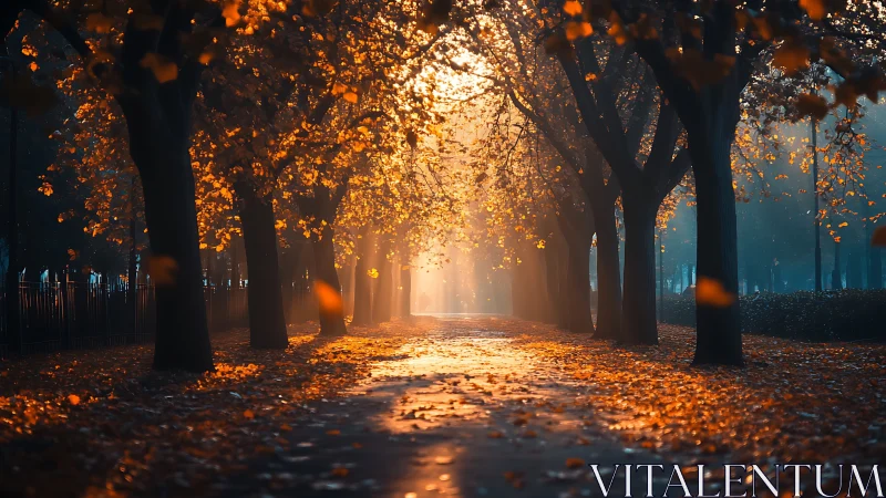Tree lined park path with autumn leaves and backlighting.