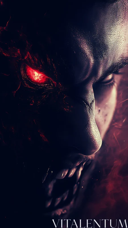 Demonic face erupts from darkness in fiery crimson glow