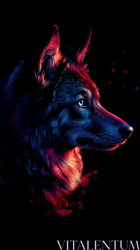 Neon wolf portrait glows with electric crimson highlights.