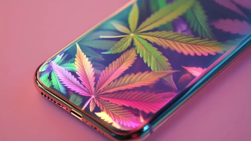 Colorful Cannabis Leaves Reflected on Smartphone Screen, Modern Art.