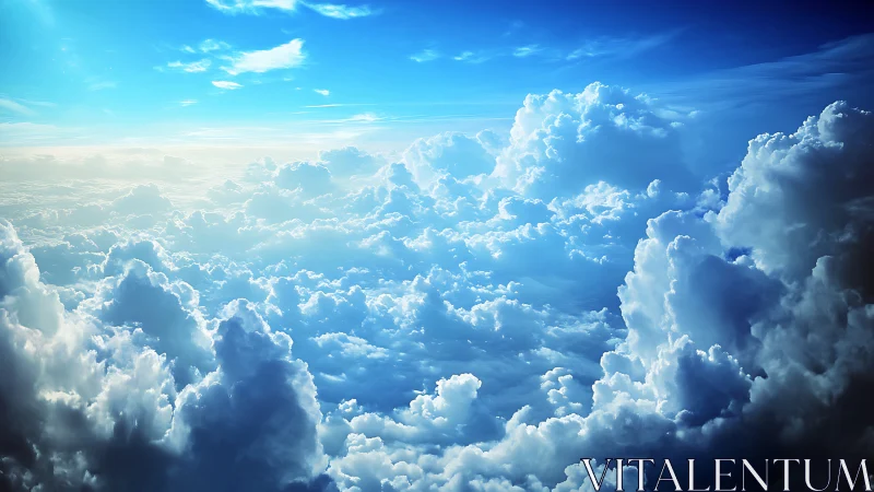Layered cumulus cloudscape extends beneath clear blue sky