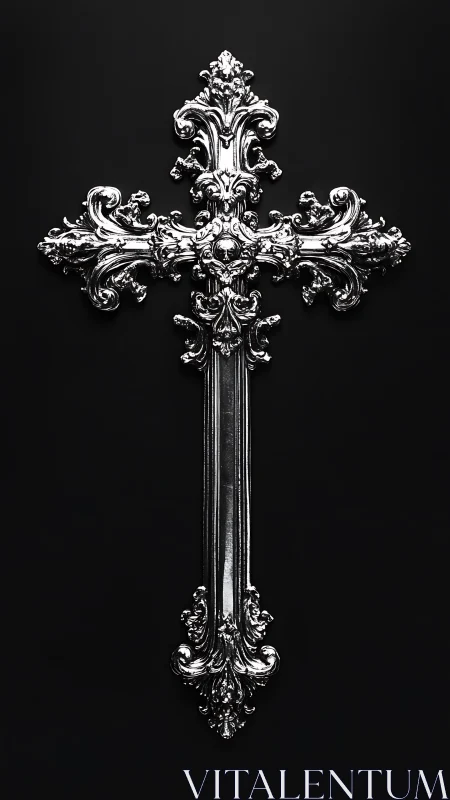 Ornate silver cross with baroque detailing on black background.