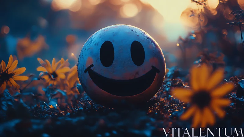 Smiling sunset ball resting playfully among wildflowers.