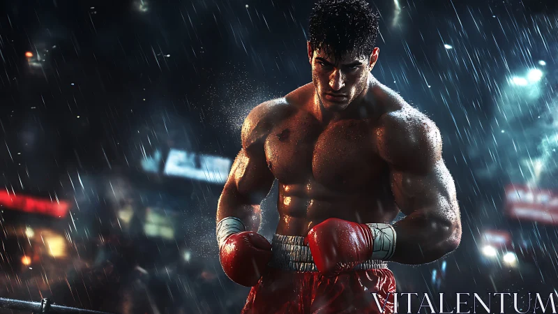 Strong Boxer Ready for Battle in Rainy Urban Night