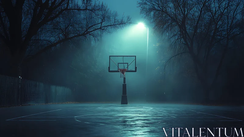 Outdoor basketball hoop stands under single foggy streetlight