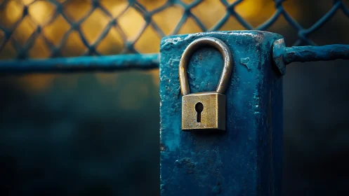 Rustic brass padlock secures weathered blue metal gate at dusk