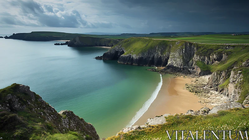 Coastal bay with cliffs, sandy beach and overcast daylight