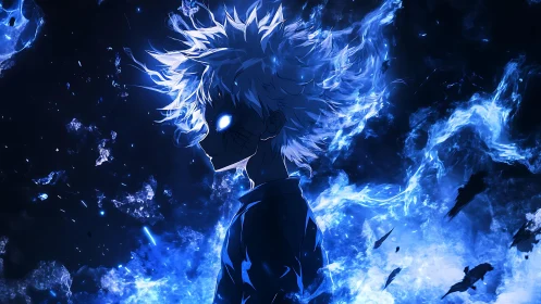 Side profile of glowing blue haired figure in dark void.