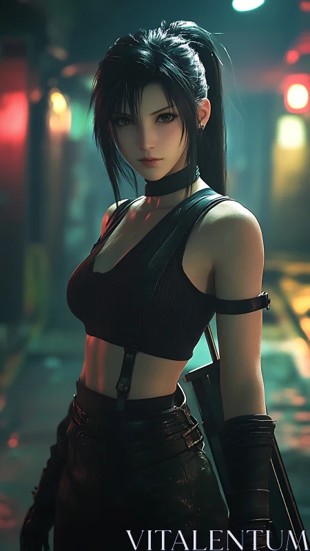 Cyberpunk warrior portrait in neon alleyway lighting.