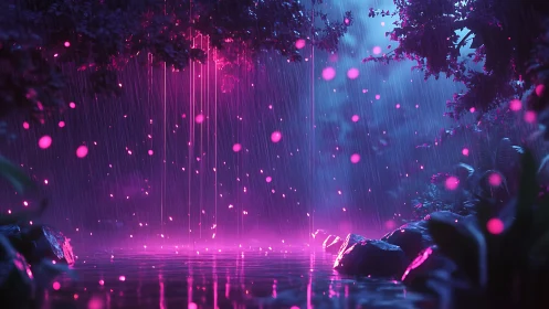 Enchanted neon rain cascades over a glowing jungle pool.