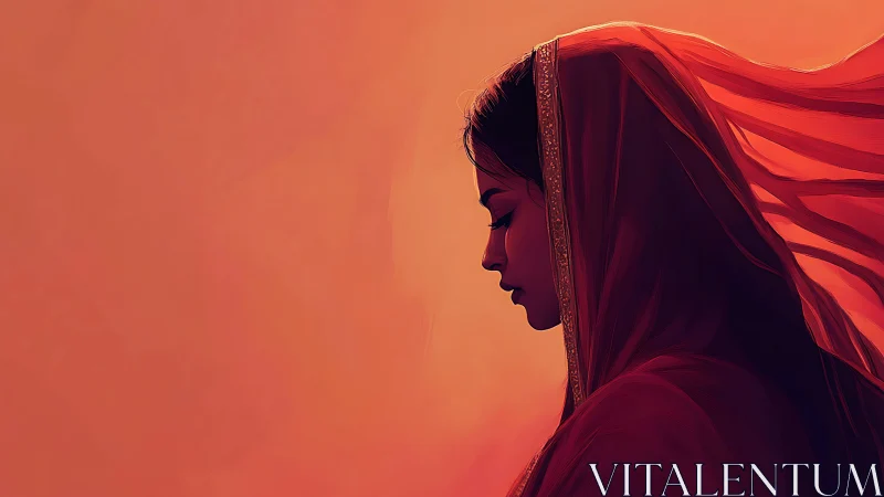 Silhouetted woman in red veil contemplates in warm evening light