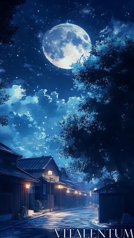 Moonlit traditional street under luminous star-filled night sky