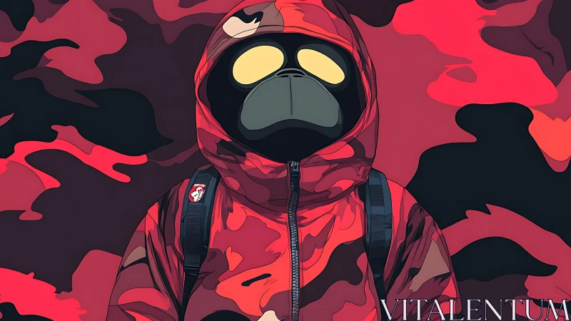 Digital painting of masked hoodie figure in red camo field.