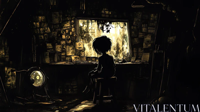 Solitary child contemplates light in cluttered studio room.