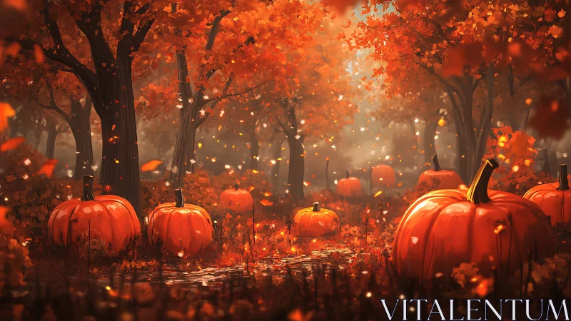 Autumn forest path with pumpkins under falling leaves.