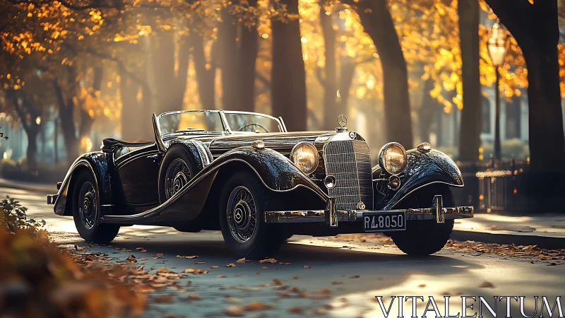 Photorealistic autumn streetscape with vintage roadster profile.